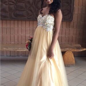 Gold Beaded Tulle Prom Dress